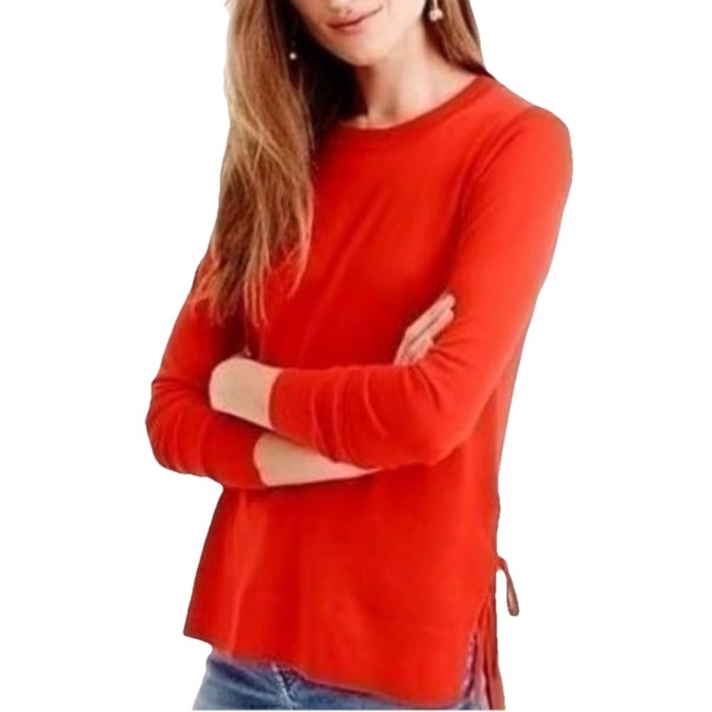 J. Crew Orange Merino Wool Long Sleeve Crewneck Knit Sweater Sideslit Women's XS